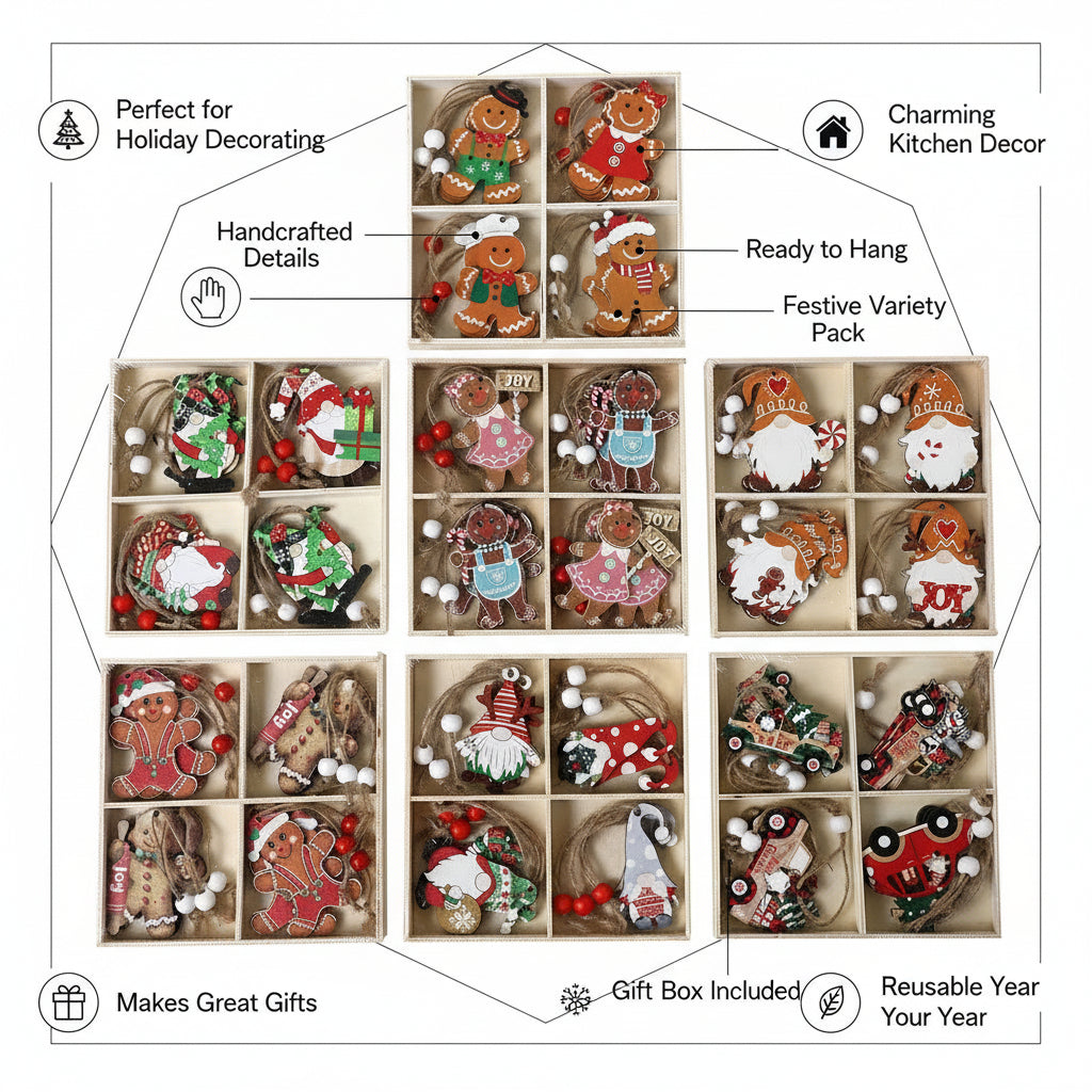 GoFuraaly™ “Old Man” Wooden Christmas Pendants – Set of 12 Unique Faceless Figures for Tree Décor