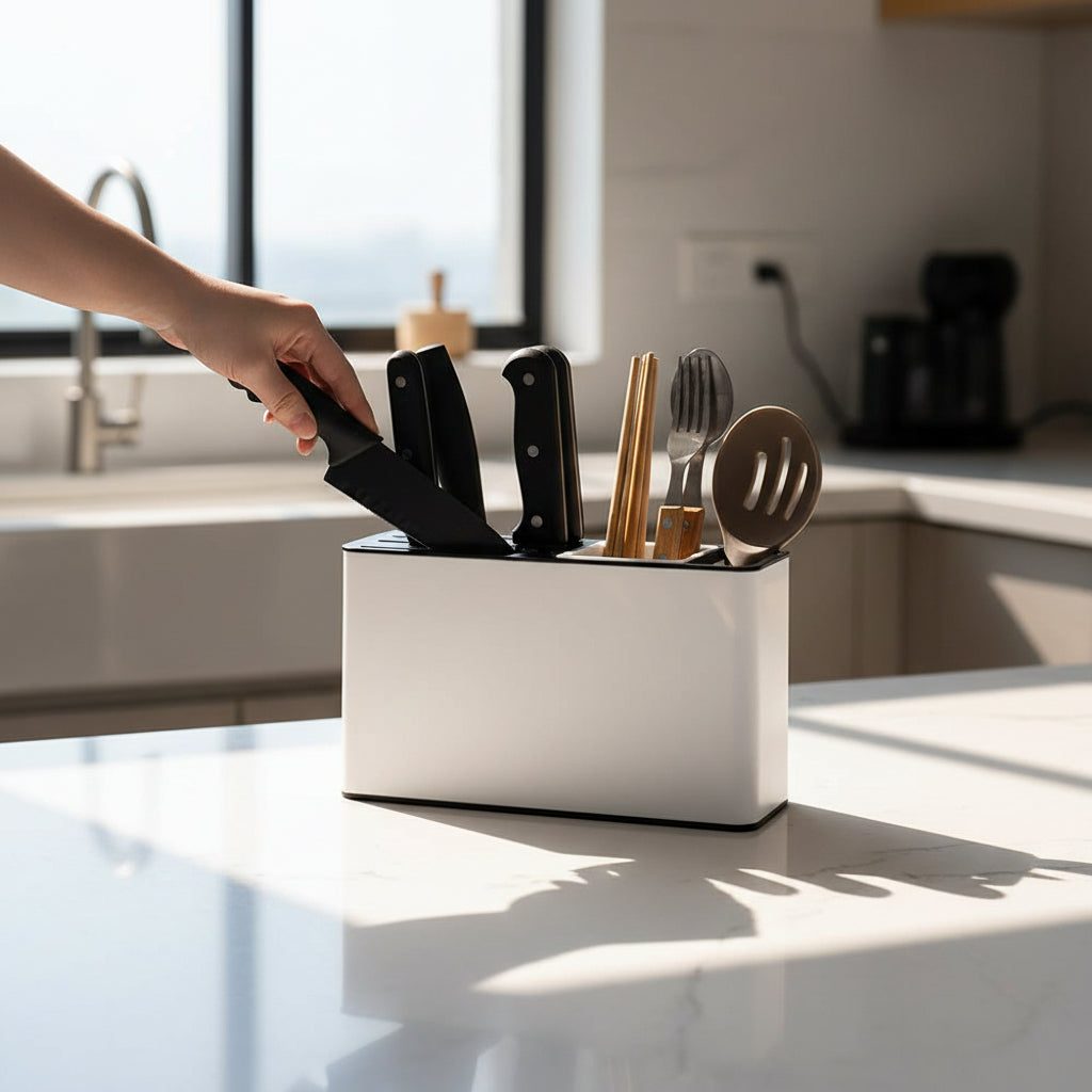 Compact Plastic Kitchen Organizer – Multi-Function Tableware & Knife Storage Rack