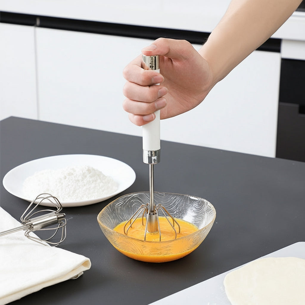Stainless-Steel Semi-Automatic Hand Whisk – Self-Rotating Egg Beater & Mixer