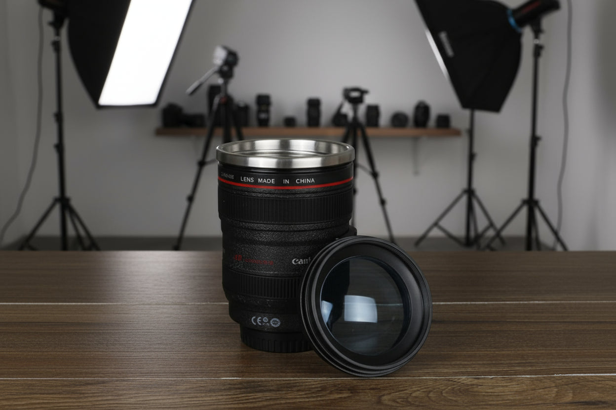 GoFuraaly™ Lens-Cup Self-Stirring Mug 300 ml – Camera Lens Replica, Stainless Steel Battery Powered