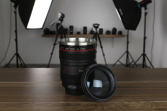 GoFuraaly™ Lens-Cup Self-Stirring Mug 300 ml – Camera Lens Replica, Stainless Steel Battery Powered