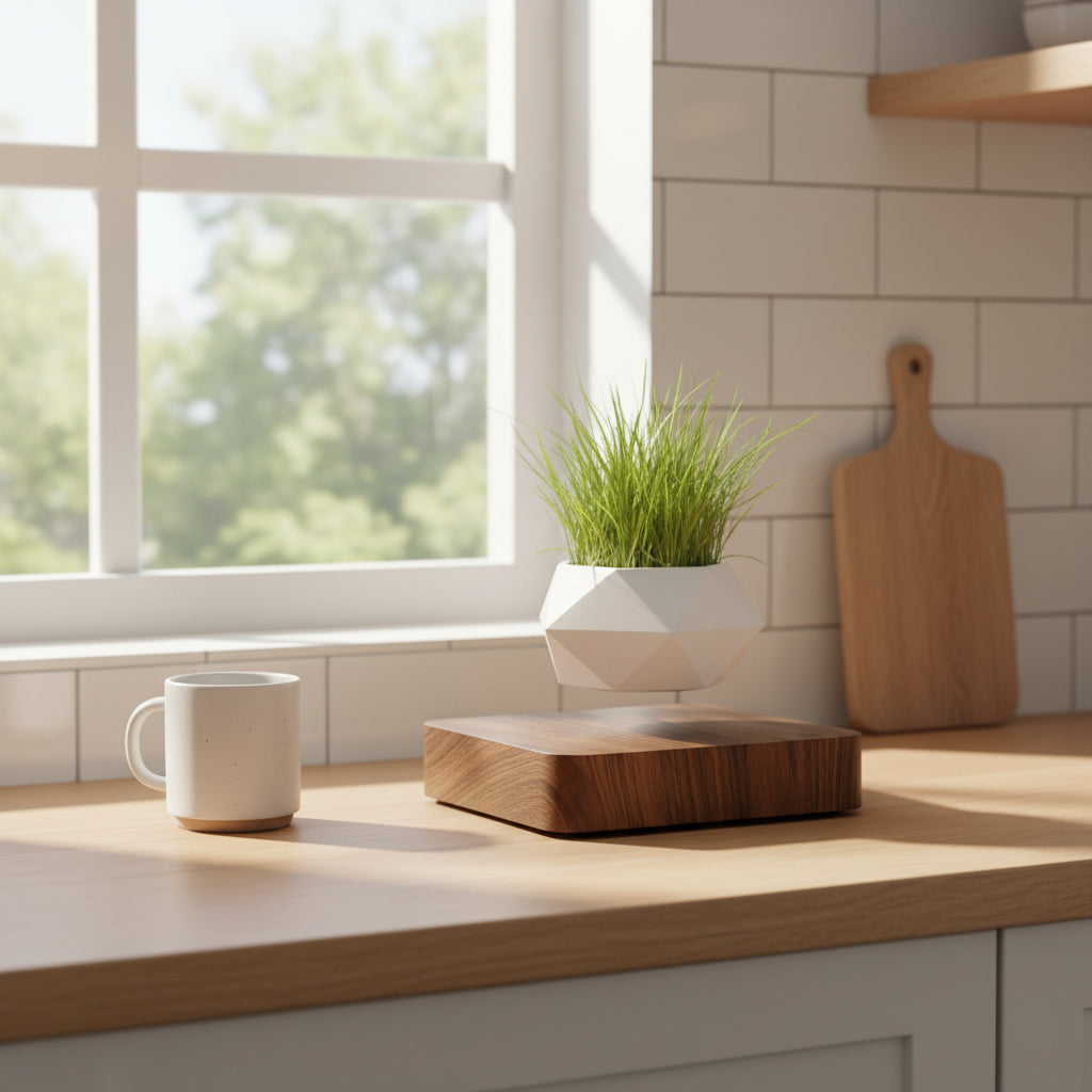 GoFuraaly™ LevioPlanter — Magnetic-Levitation Polygonal Wood-Grain Floating Plant Pot