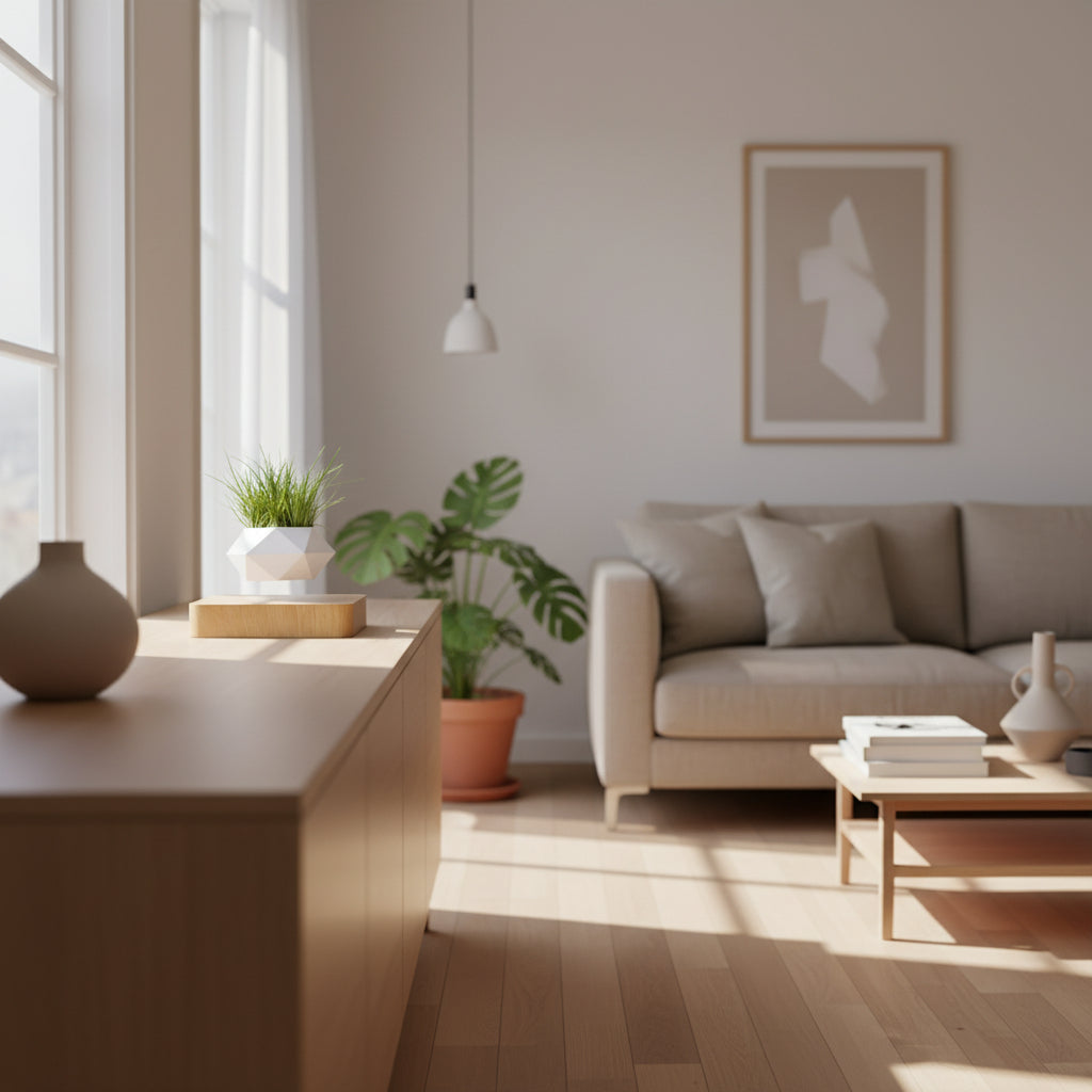 GoFuraaly™ LevioPlanter — Magnetic-Levitation Polygonal Wood-Grain Floating Plant Pot