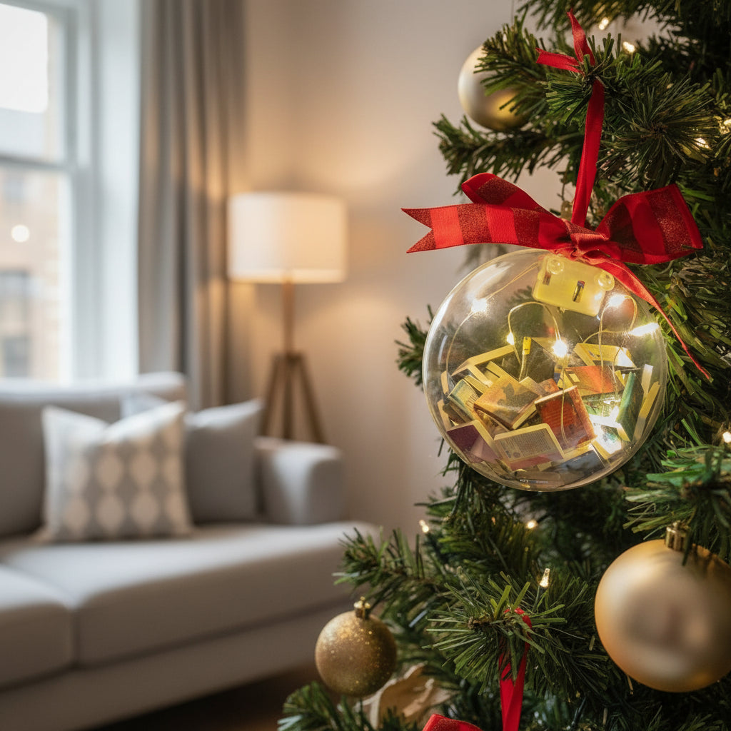 "Book-Nest” Christmas Ball Ornament – Clear Globe Filled with Miniature Books, 9 × 9 cm Holiday Decoration