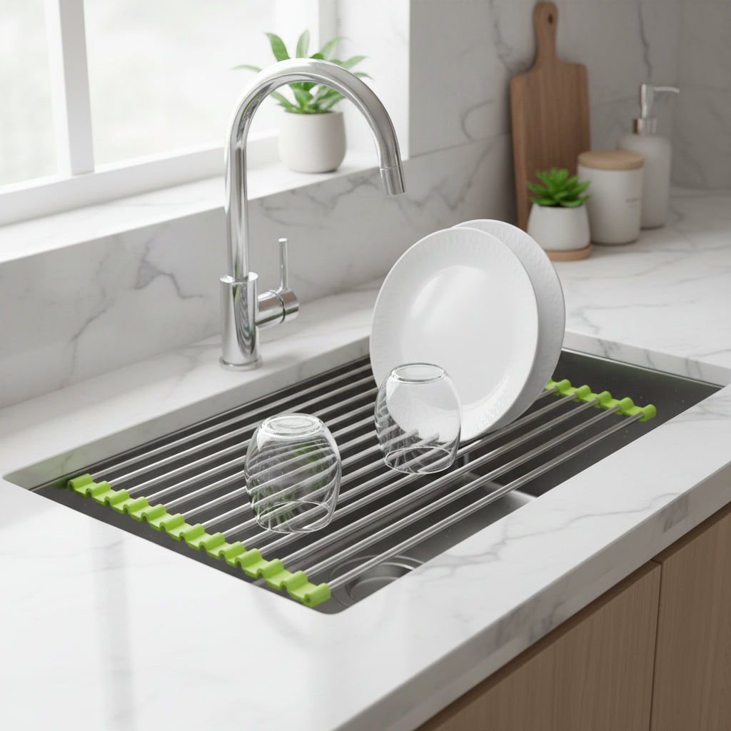 GoFuraaly™ Pro-Fold Stainless Steel Sink Drain Rack | Space-Saving Organiser for Modern Homes