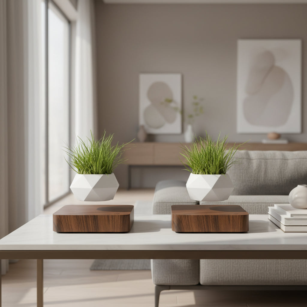 GoFuraaly™ LevioPlanter — Magnetic-Levitation Polygonal Wood-Grain Floating Plant Pot