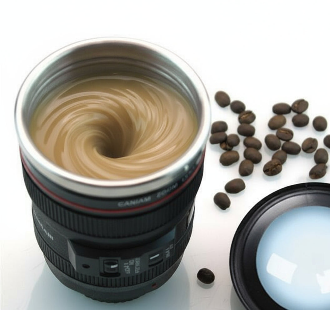 GoFuraaly™ Lens-Cup Self-Stirring Mug 300 ml – Camera Lens Replica, Stainless Steel Battery Powered