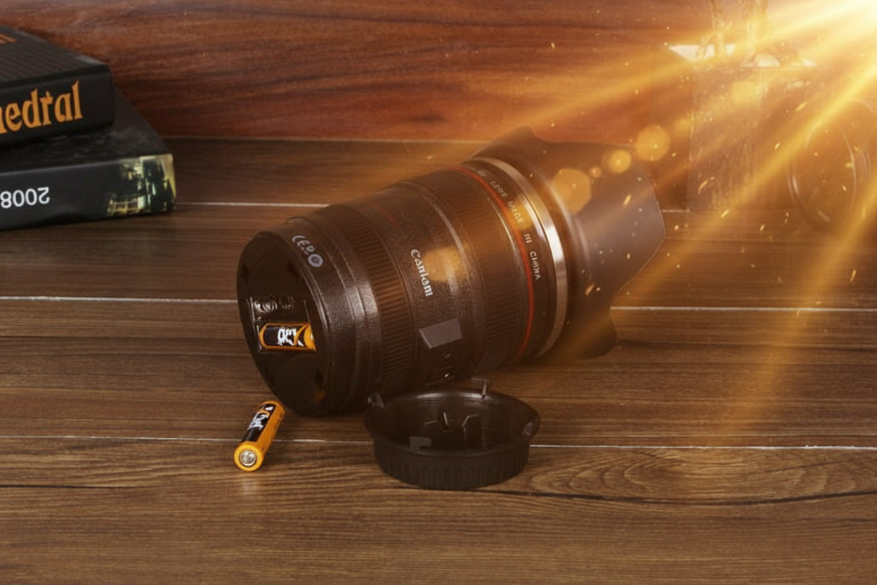GoFuraaly™ Lens-Cup Self-Stirring Mug 300 ml – Camera Lens Replica, Stainless Steel Battery Powered