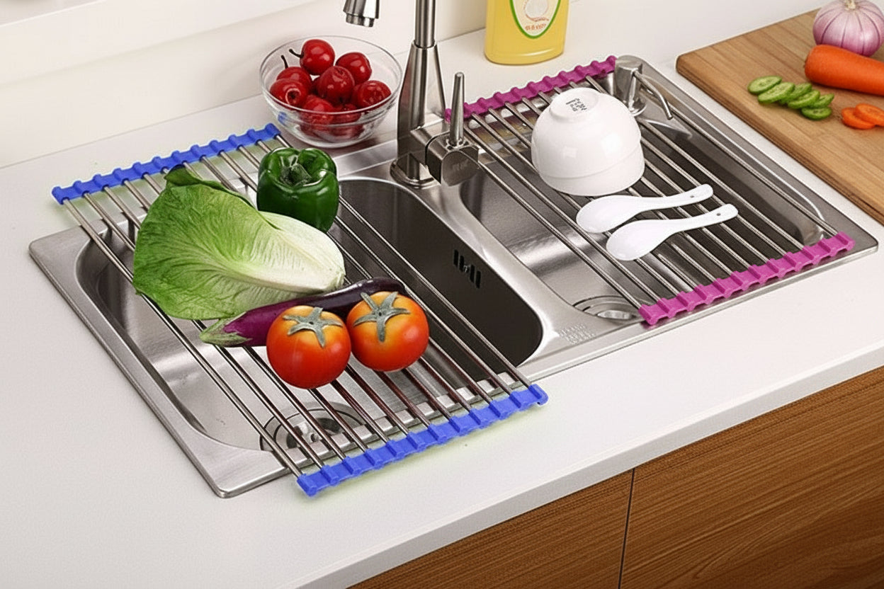 GoFuraaly™ Pro-Fold Stainless Steel Sink Drain Rack | Space-Saving Organiser for Modern Homes