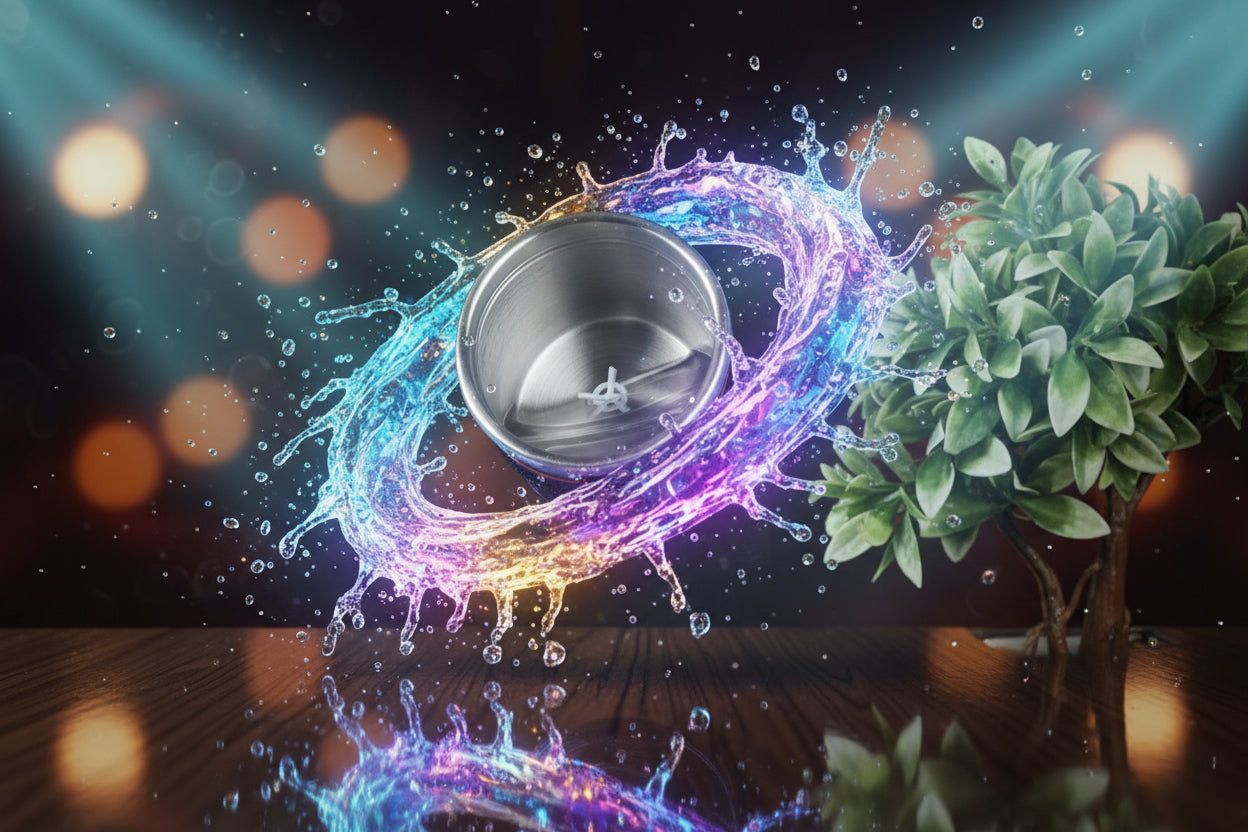 Hand holding a metal tea infuser over a cup on a wooden surface with a plant in the background.
