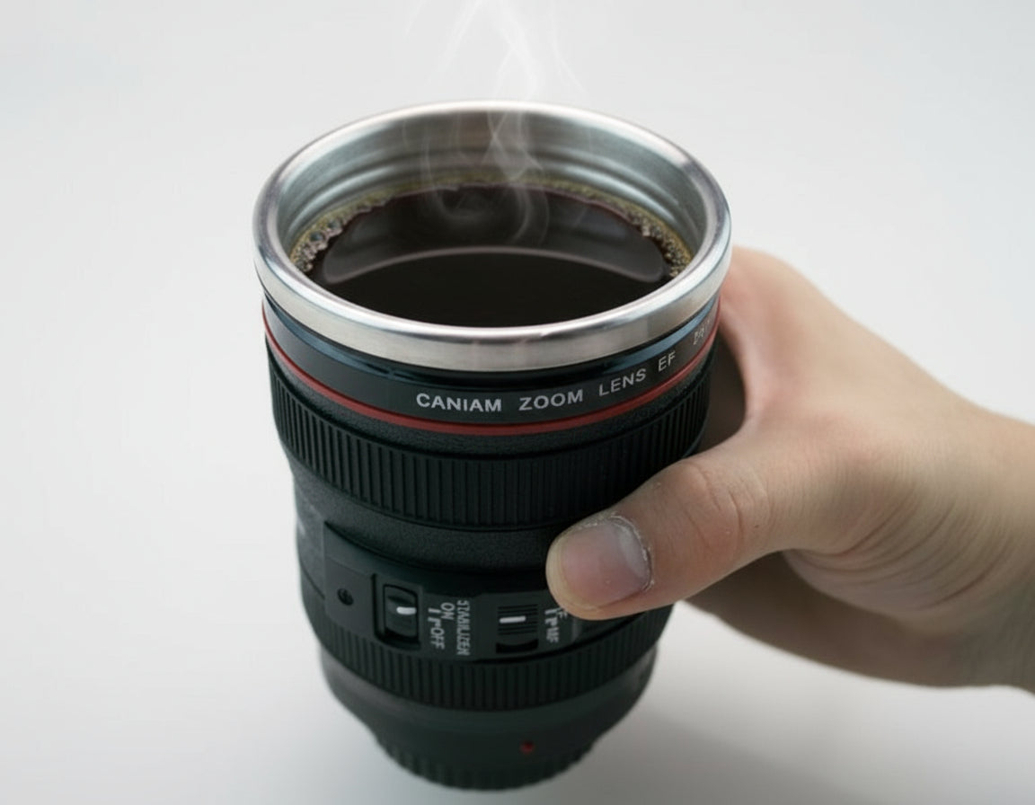 GoFuraaly™ Lens-Cup Self-Stirring Mug 300 ml – Camera Lens Replica, Stainless Steel Battery Powered