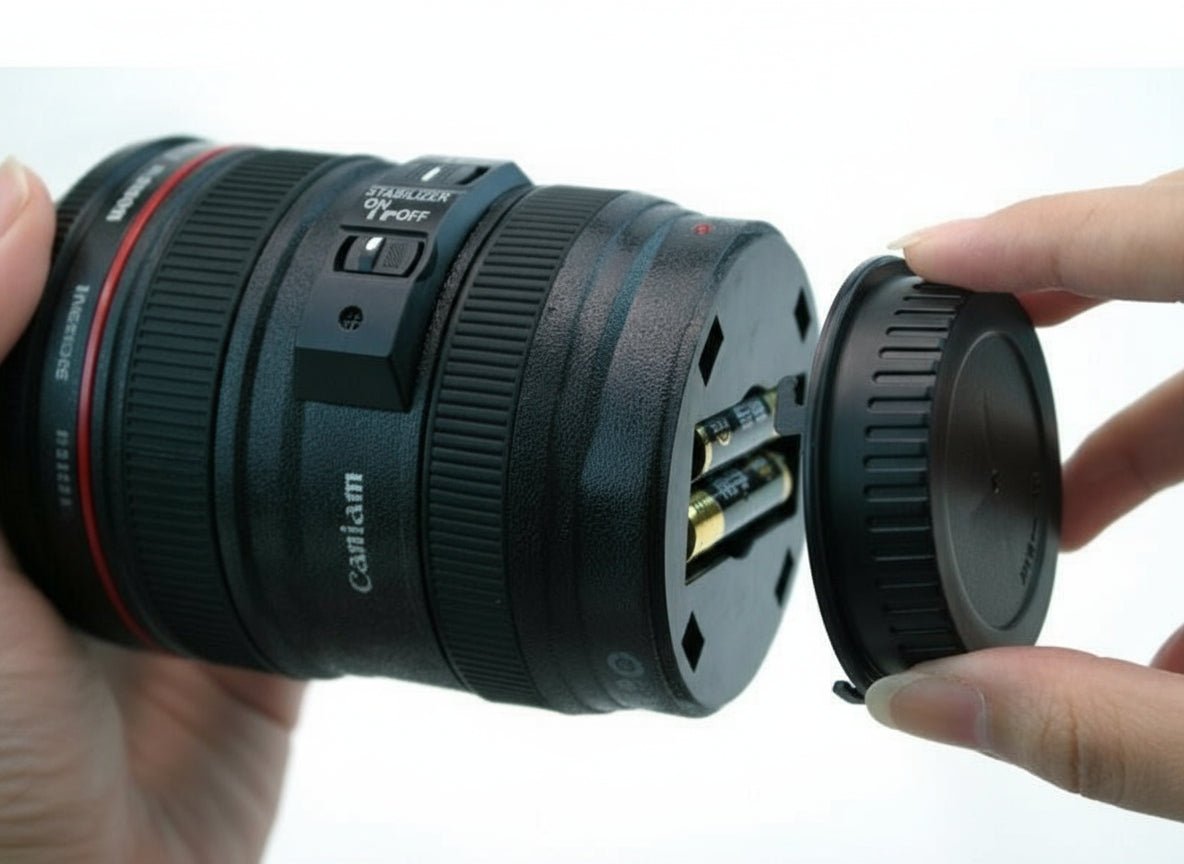 GoFuraaly™ Lens-Cup Self-Stirring Mug 300 ml – Camera Lens Replica, Stainless Steel Battery Powered