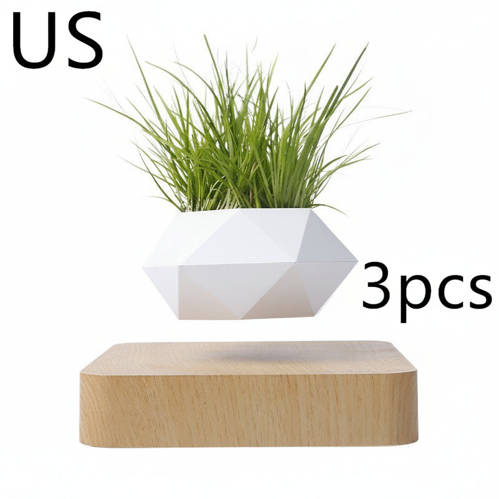 GoFuraaly™ LevioPlanter — Magnetic-Levitation Polygonal Wood-Grain Floating Plant Pot