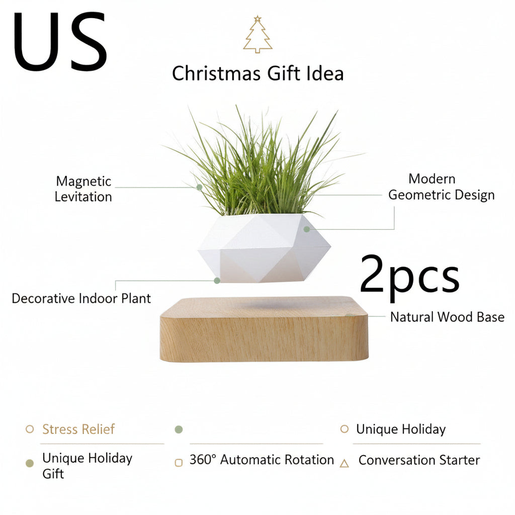 GoFuraaly™ LevioPlanter — Magnetic-Levitation Polygonal Wood-Grain Floating Plant Pot