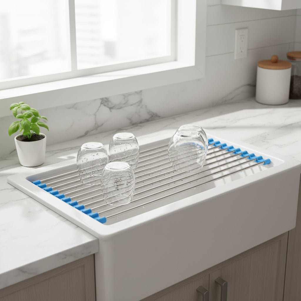 GoFuraaly™ Pro-Fold Stainless Steel Sink Drain Rack | Space-Saving Organiser for Modern Homes