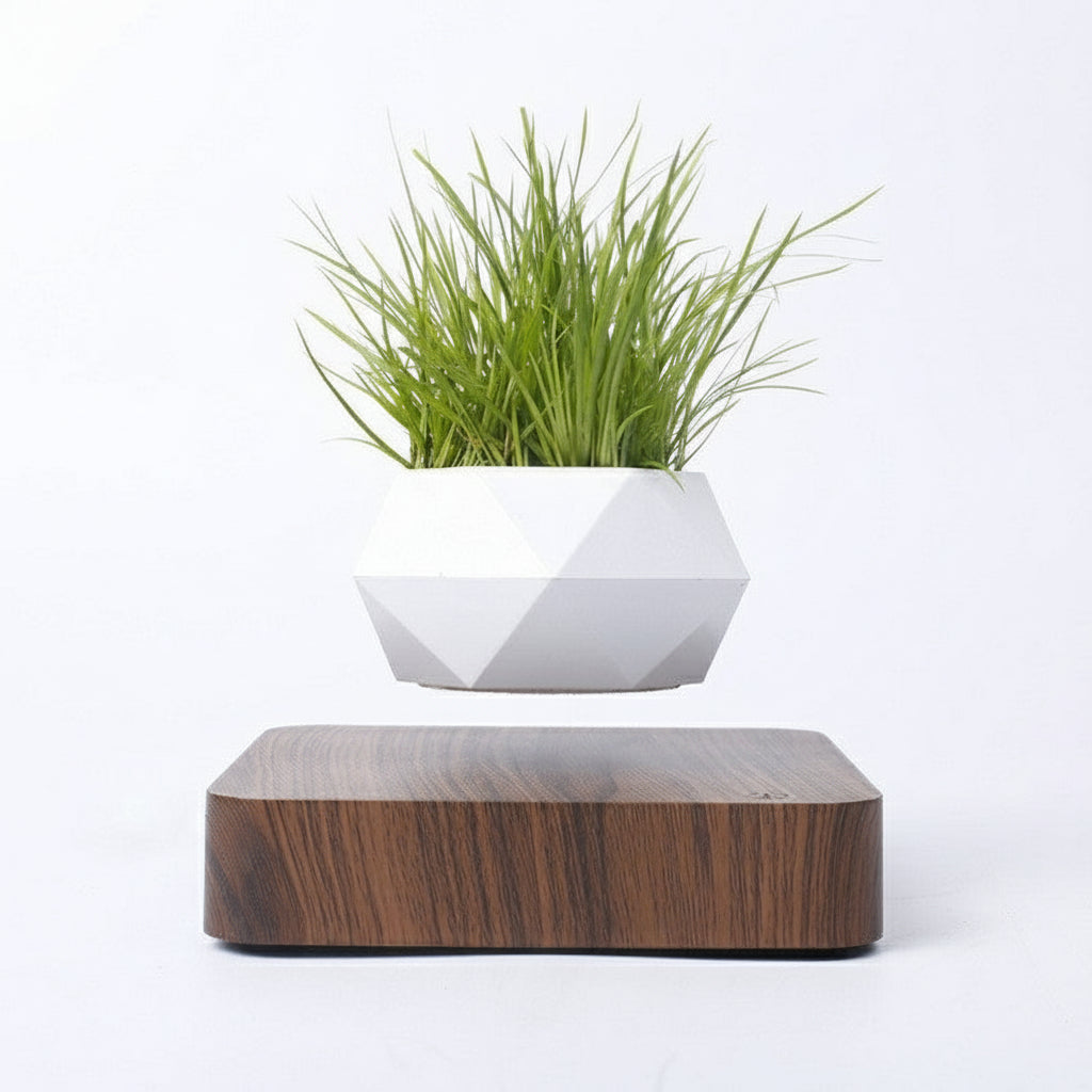 GoFuraaly™ LevioPlanter — Magnetic-Levitation Polygonal Wood-Grain Floating Plant Pot