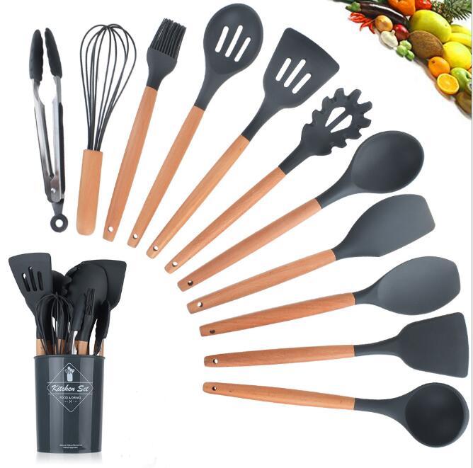 Stylish Silicone Kitchen Utensils Set with Wooden Handles – Non‑Stick Cooking & Baking Tools